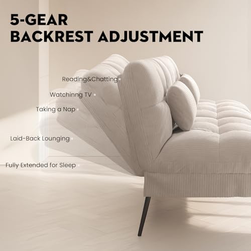 COMHOMA Convertible Futon Sofa Bed, 68″Fabric Futon Couch with Adjustable Backrest, Folding Futon Sleeper Recliner for Living Room Furniture (Black)