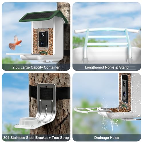 Smart Bird Feeder Camera, Free AI Forever, 32G TF Card & 1080P HD Camera Auto Capture Bird Videos & Solar Panel, App Notify When Birds Detected