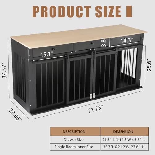 Sunseen Dog Crate Furniture Large Breed Wooden Dog Kennel with Room Divider & 3 Drawer