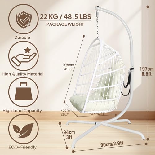 Chihee Egg Chair Foldable Wicker Rattan Hanging Chair Swing Chair Indoor Outdoor Patio Wicker Chair Hammock Chair with Stainless Steel Hanging Kit