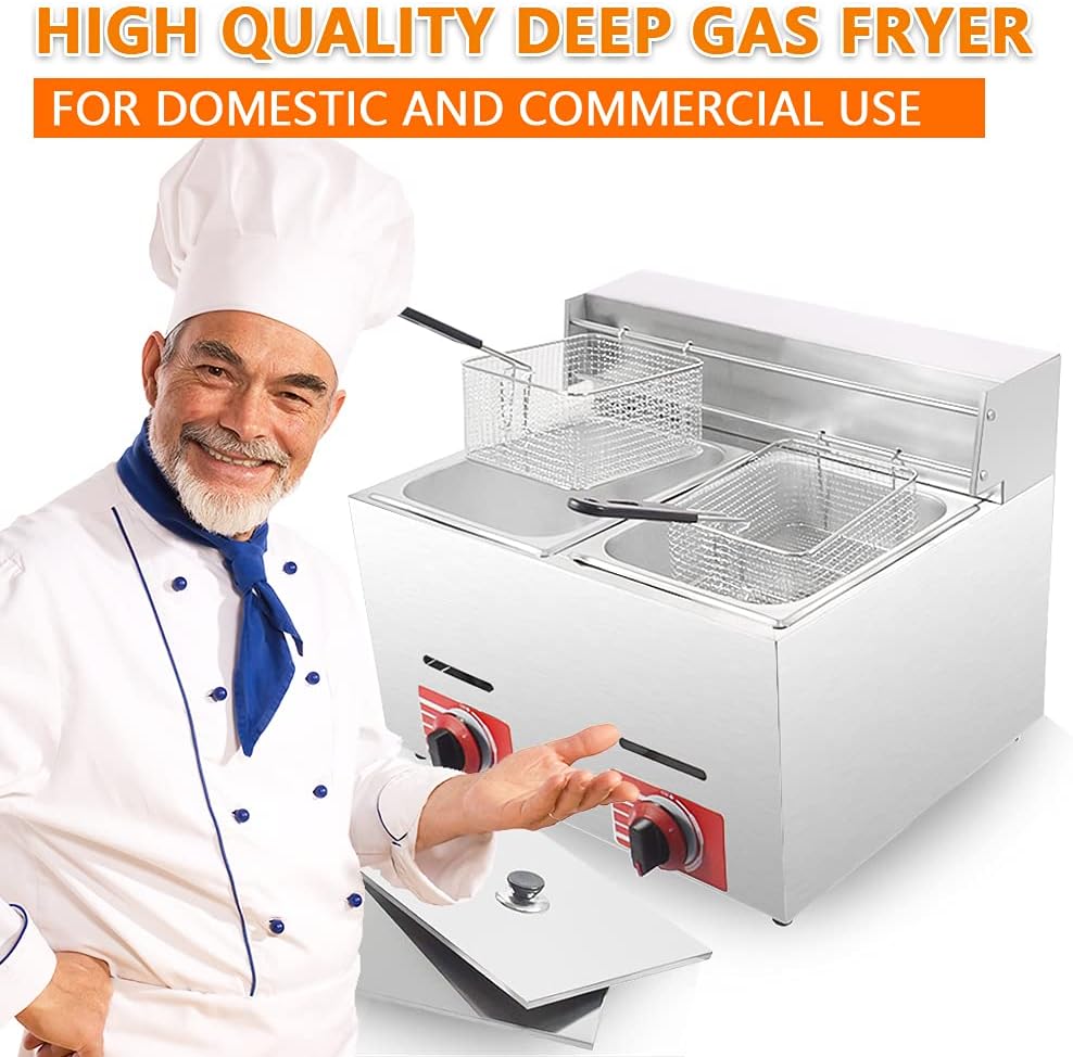 Commercial Gas Deep Fryer 10L*2 with 2 Basket and Lids Cover Stainless Steel Countertop Propane-LPG GF-72 Propane (LPG) W/Metal Tube Double Deep