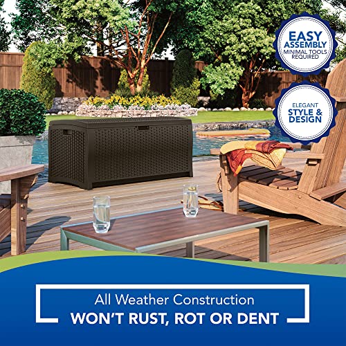 Suncast Outdoor Storage Box - 73 Gallon Mocha Brown Deck Box for Patio, Waterproof Outdoor Storage Bench, Resin Wicker Style, Heavy-Duty