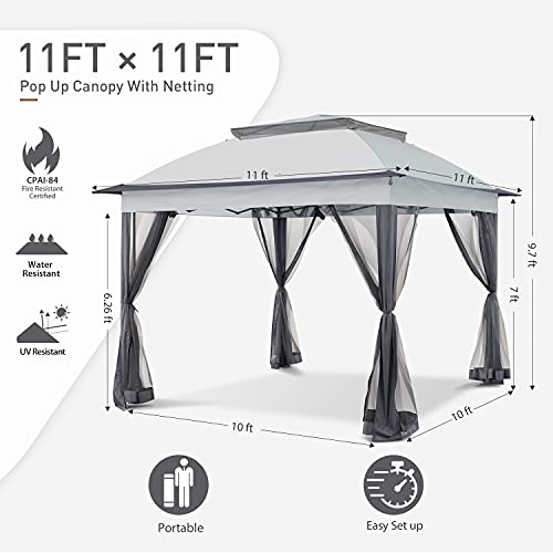 COOS BAY 11x11 Pop Up Instant Gazebo Tent with Mosquito Netting Outdoor Canopy Shelter with 121 Square Feet of Shade (Beige)