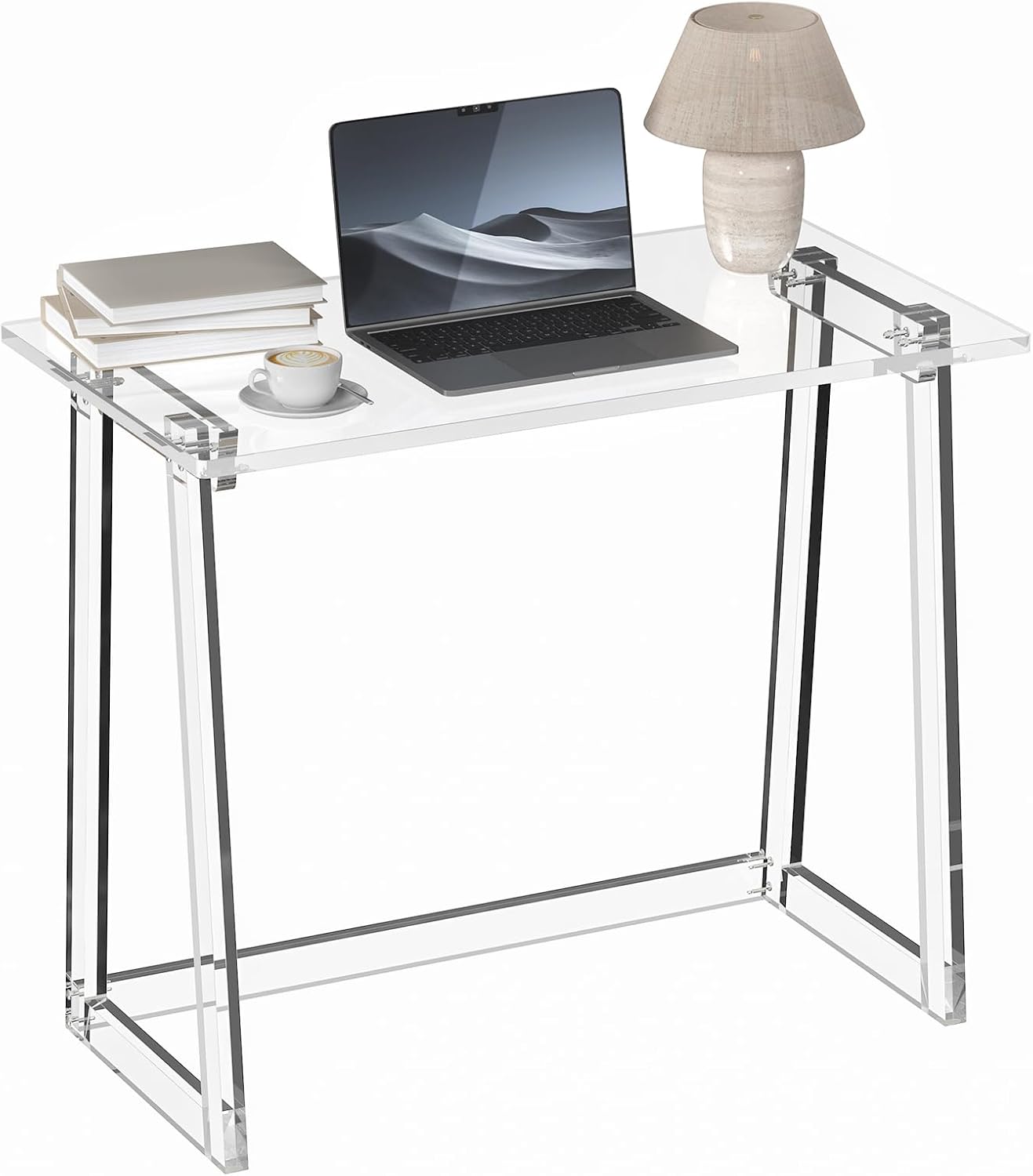 HMYHUM Acrylic Desk, 35.4 Inch, Clear Small Computer Desk with Trapezoid-shaped Legs for Home Office, Study, Writing, Vanity, Modern, Easy Assembly