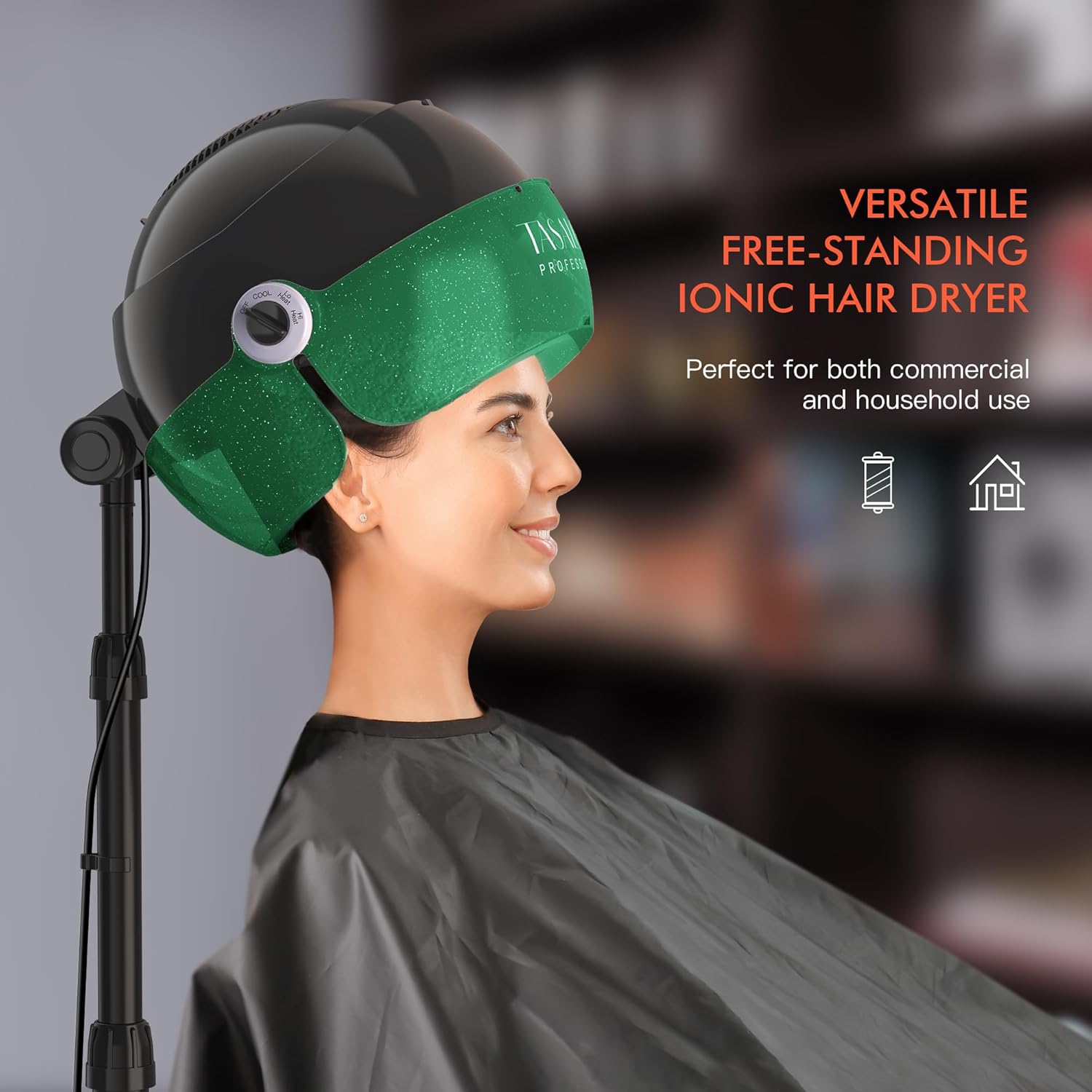 TASALON Professional Ionic Hooded 1875W Hair Dryer with 3 Temperature Settings, Transparent Glitter Visor, Side Switch, Rolling Wheels & Timer
