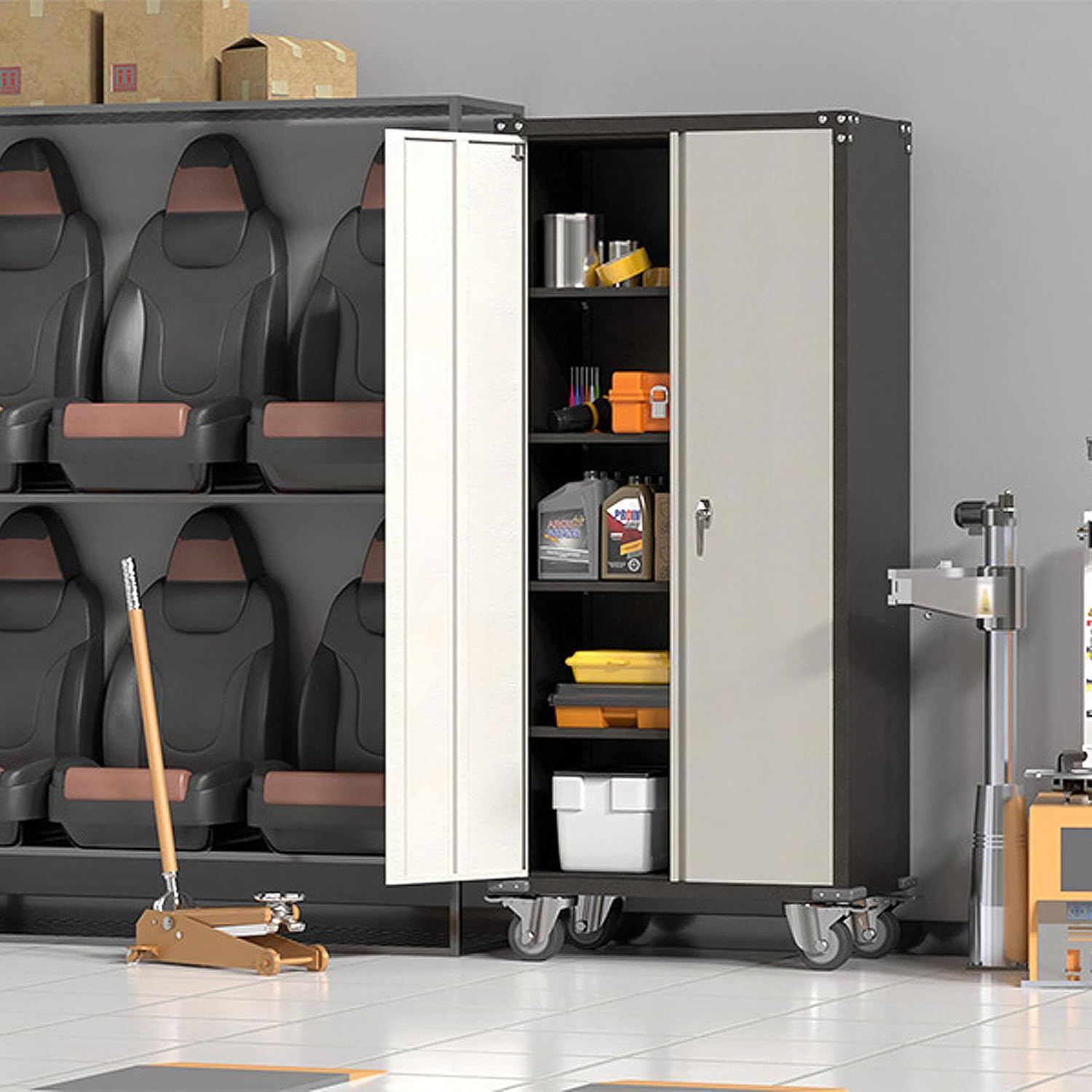 71'' Locking Metal Cabinet with 2 Door and 4 Adjustable Shelves, Lockable Garage Storage Cabinet on Wheels, Rolling Tool Cabinets for Utility Room