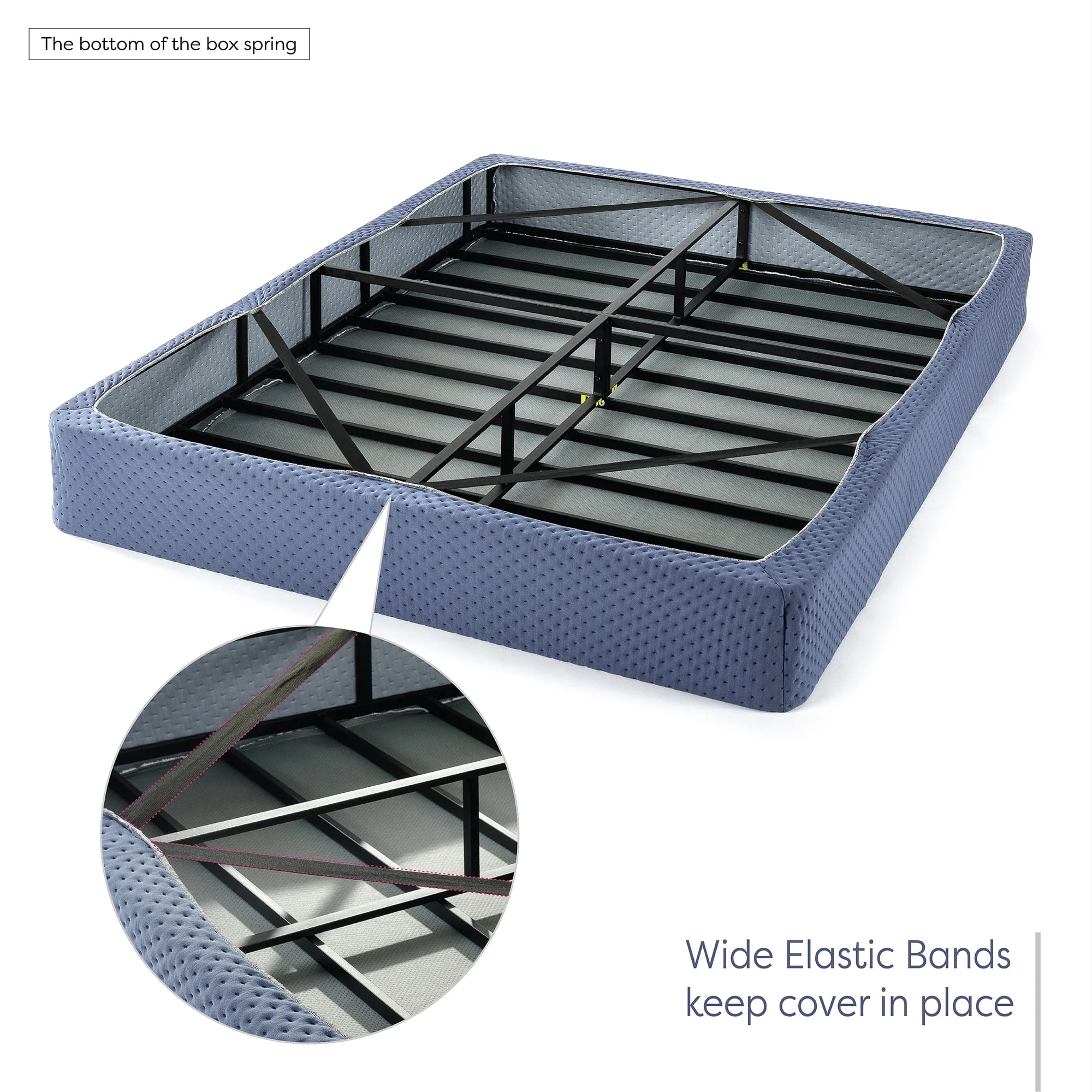 Mellow 9 Box Spring, Heavy Duty Steel, Easy Assembly, Navy, Queen