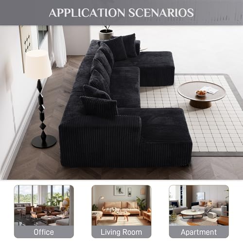 131" Modular Sectional Sofa Cloud Couch, Corduroy Memory Foam Black Sectional Couches for Living Room, Modern Deep Seat Boneless Sofa
