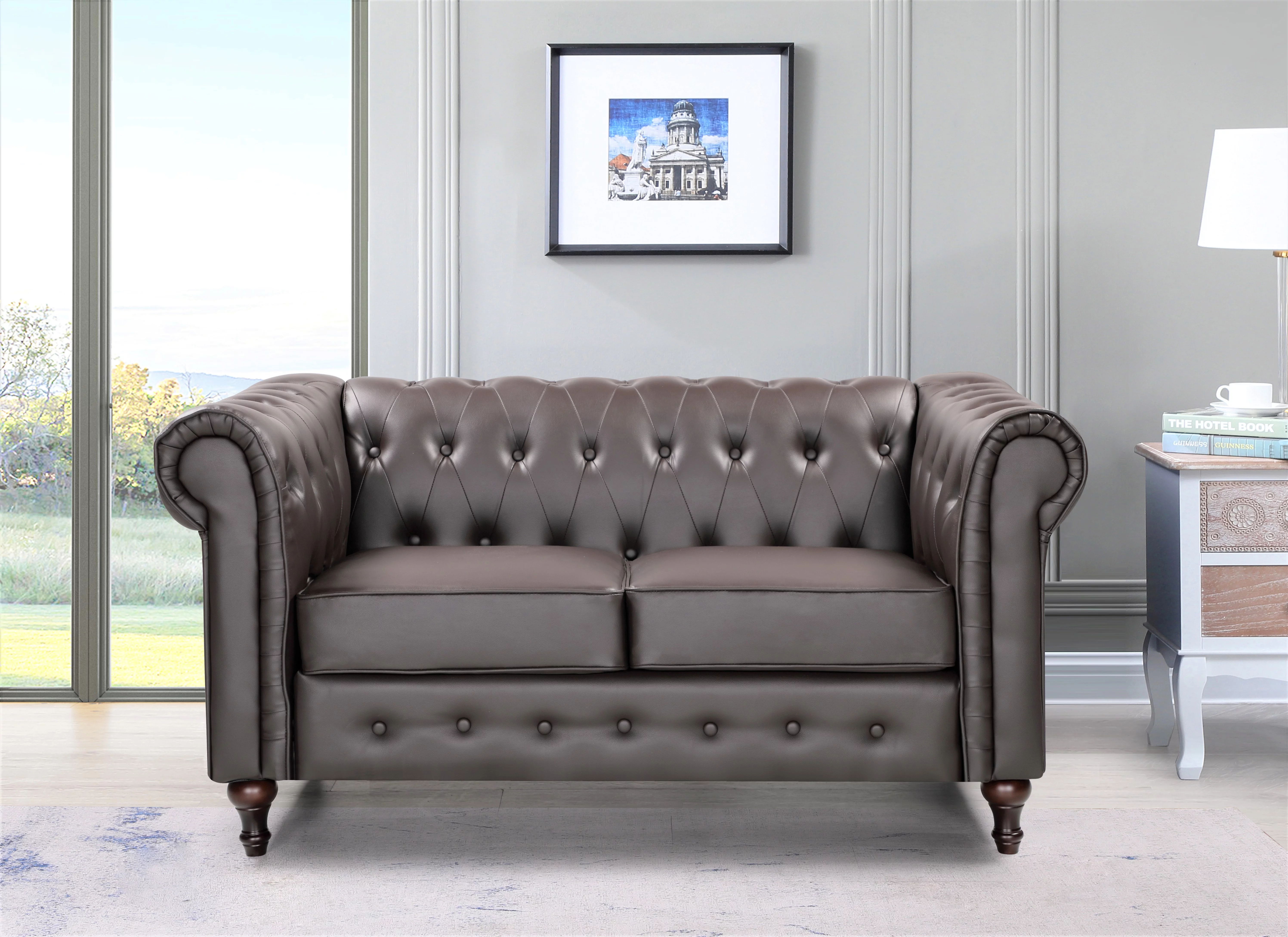 Uspridefurniture Oriskany Chesterfield Faux Leather Loveseat -Brown, Solid Wood Leg