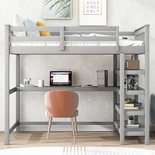 Harper & Bright Designs Full Loft Bed with Desk and Wardrobe,Solid Wood Loft Bed Frame Full with Storage Drawers for Kids Teens Adults