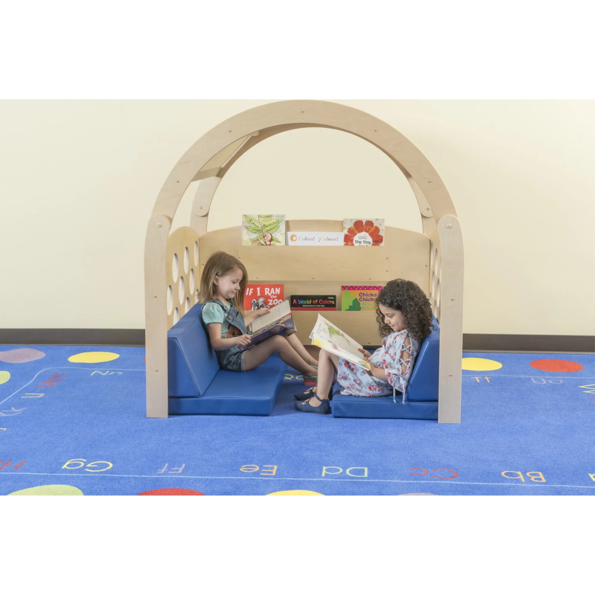 Childcraft Reading Nook, Tan/Red Canopy with Blue Cushions, 49-1/2 W x 37 D x 50 H in