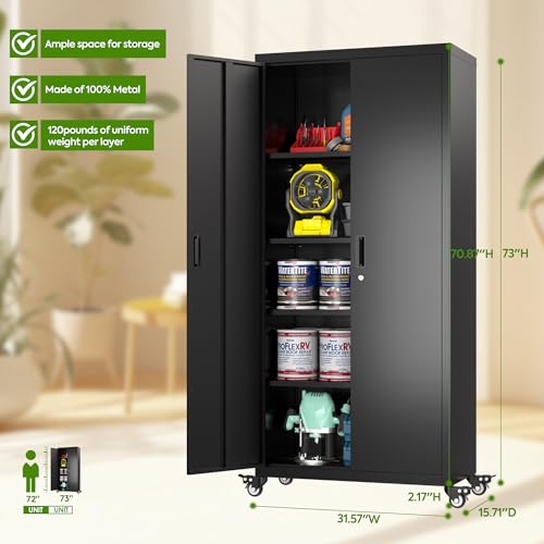 71" Metal Storage Cabinet with Wheels and Pegboard, Lockable Rolling Steel Storage Cabinet with 5 Adjustable Shelves and Door for Garage, Office