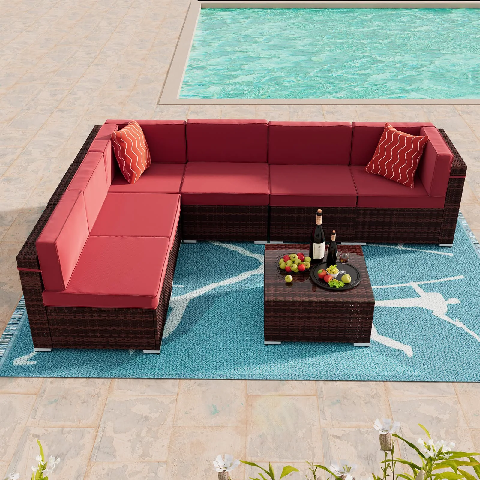 Amopatio 7 Pieces Patio Conversation Set, Outdoor Sectional PE Rattan Wicker Furniture Seat,Red - Curated Treasures Market