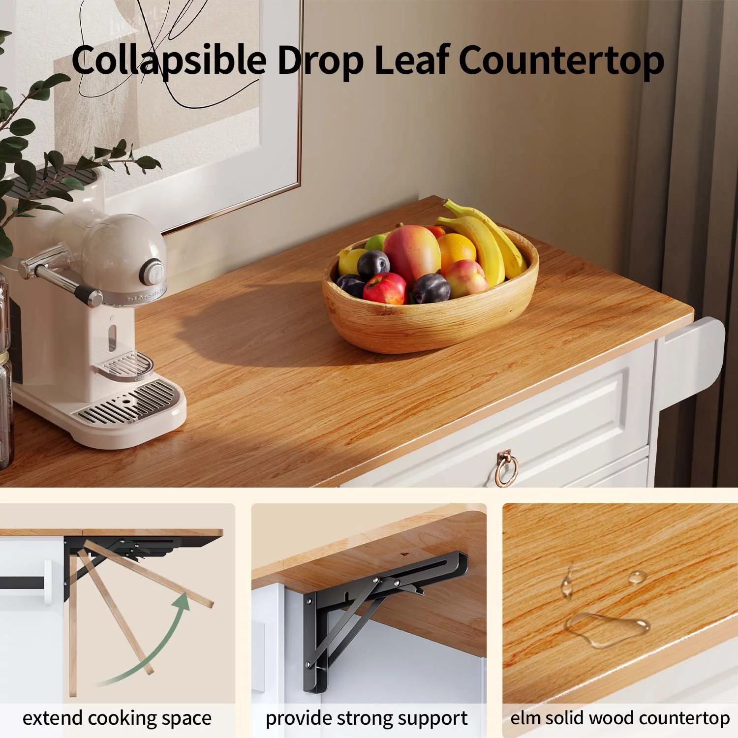 Lofka 52" Kitchen Island with Storage, Kitchen Cart with Drop Leaf, White