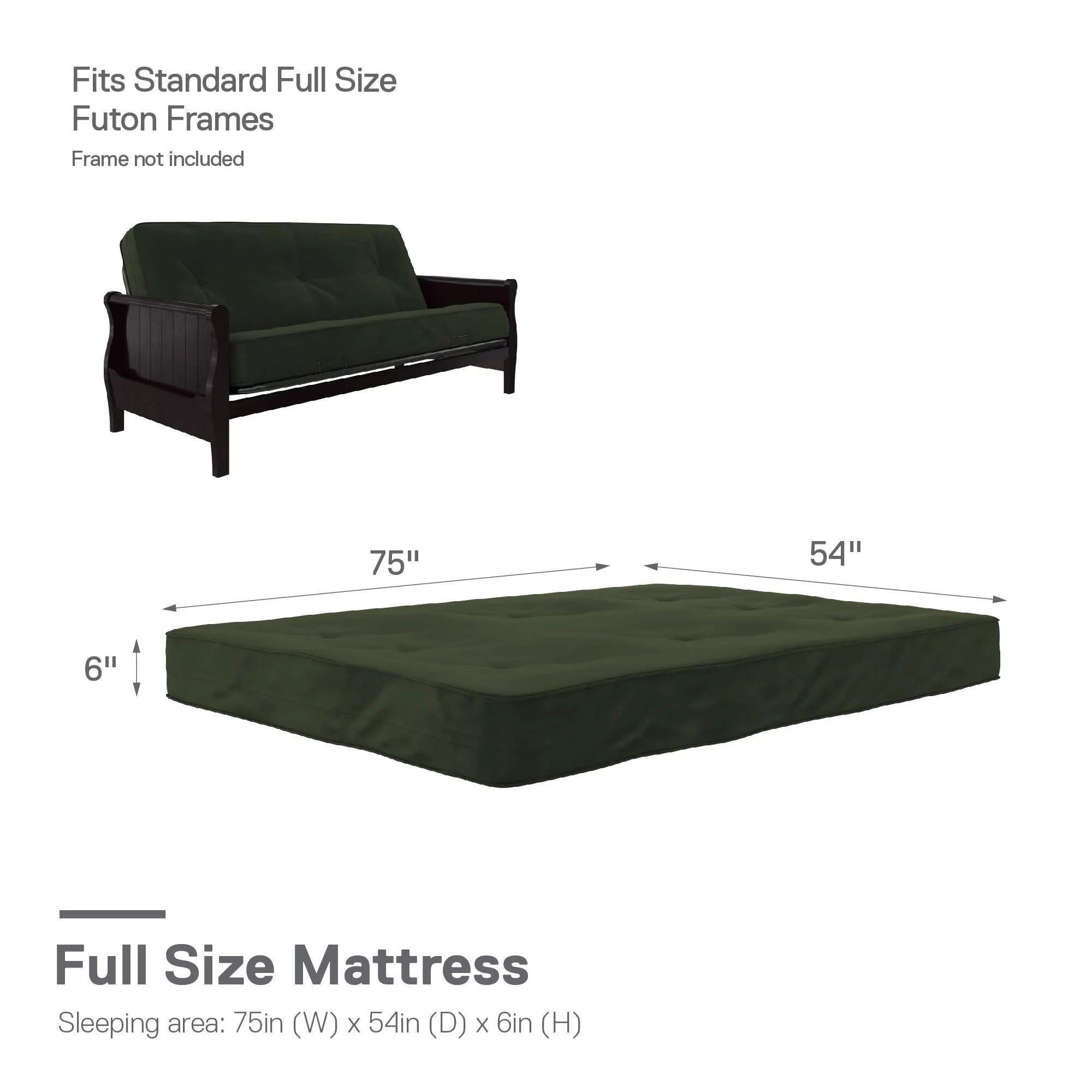 DHP Caden 6 Inch Futon Mattress with Tufted Cover and Recycled Polyester Fill, Full, Army Green
