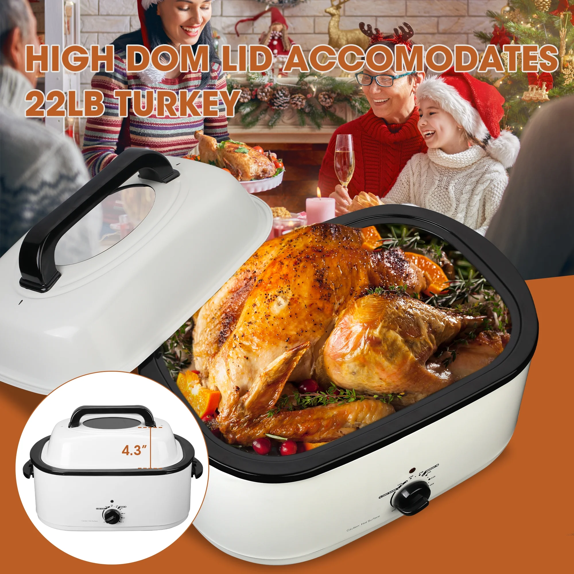 Superjoe 26 Quart Roaster Oven with Self-Basting Lid Removable Pan Electric Turkey Roaster Stainless Steel, White