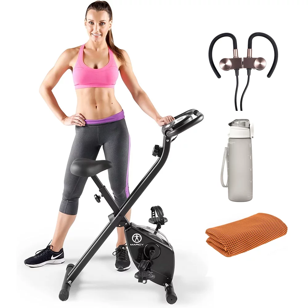 Marcy NS-654 Foldable Upright Exercise Bike Adjustable Resistance Bundle with 27 Ounce Water Bottle