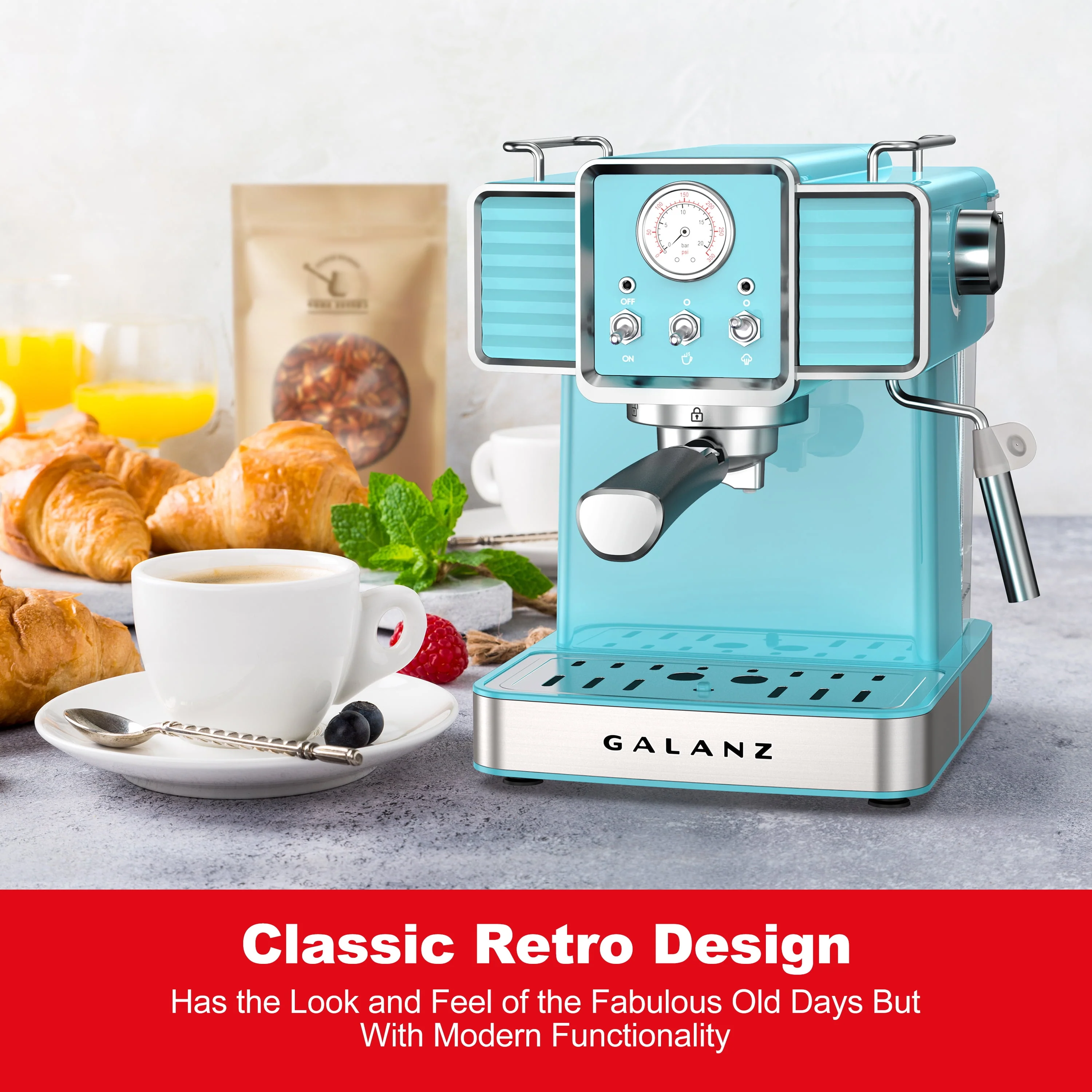Galanz Retro Espresso Machine with Milk Frother, 15 Bar Pump Professional Cappuccino and Latte Machine, 1.5L Removable Water Tank, Retro Red, 1350 W