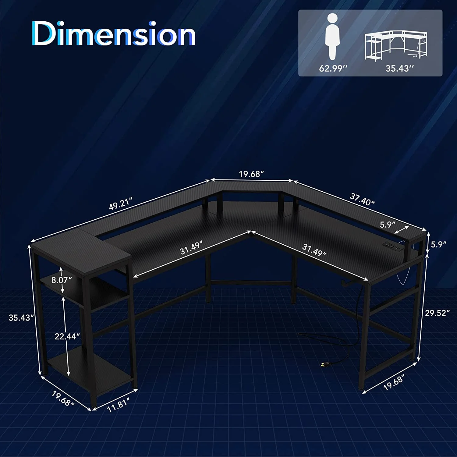 Tribesigns L-Shaped Gaming Desk with LED Strips, Power Outlets & Monitor Stand, Black
