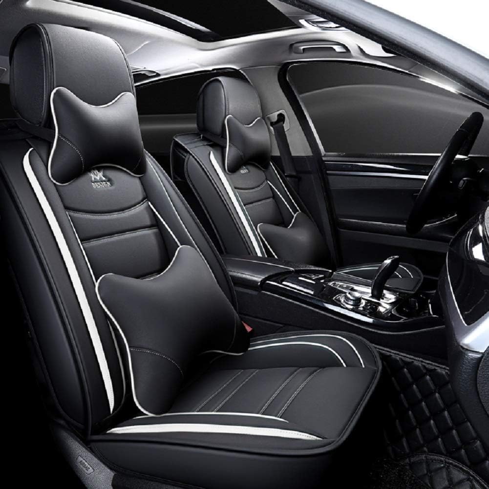 OUTOS Luxury Leather Auto Car Seat Covers 5 Seats Full Set Universal Fit(Black-White)