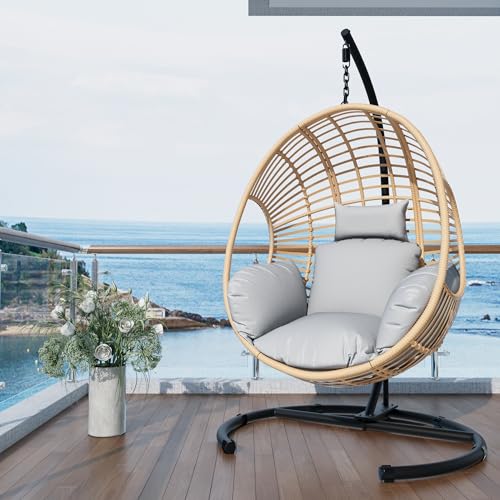 Oversized Hanging Egg Chair Outdoor Indoor, Wicker Swing Egg Chair with Stand 400lbs Capacity for Bedroom, Patio, Garden and Balcony (Beige-nest