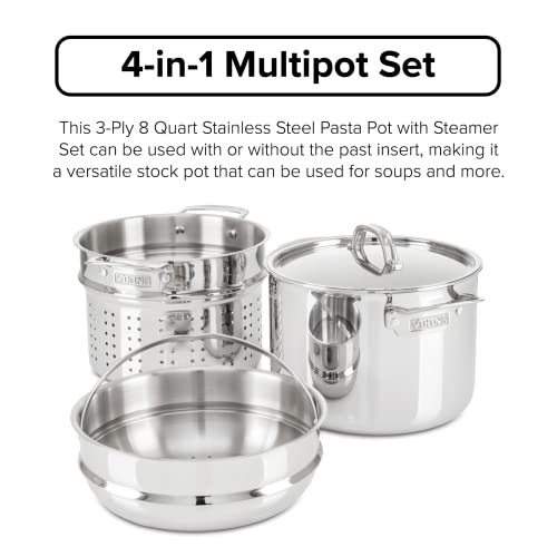 Viking Culinary 3-Ply Stainless Steel Pasta Pot, 8 Quart, Includes Pasta & Steamer Insert, Dishwasher, Oven Safe
