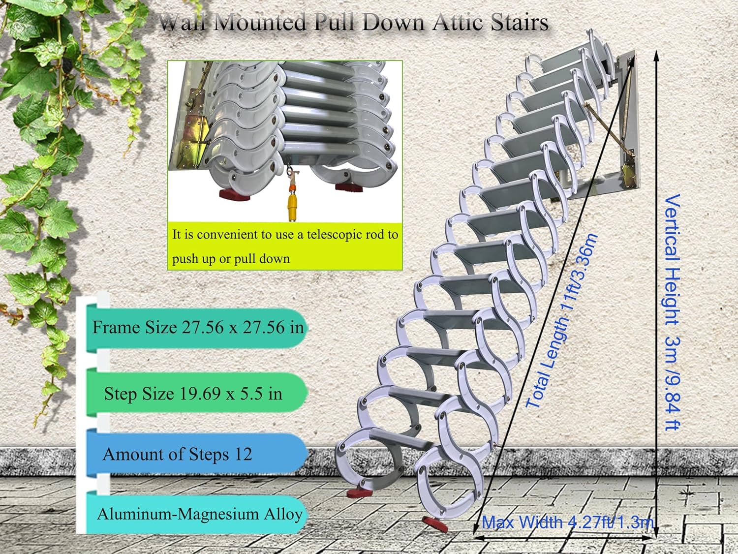 TECHTONGDA Loft Ladder Al-Mg Alloy Attic Steps Pull Down 12 Steps Attic Stairs Wall-mounted Folding Ladder Attic Loft Ladder Stairs with Armrests