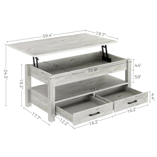 Rolanstar Coffee Table, Lift Top Coffee Table with Drawers and Hidden Compartment, Retro Central Table with Wooden Lift Tabletop, for Living Room
