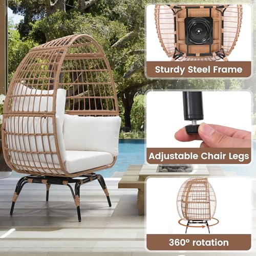Oversized 360 Swivel Rattan Egg Chair for Adult, Indoor Outdoor Patio Large Wicker Egg Chair with Overstuffed Cushions, 440lb Weight Capacity