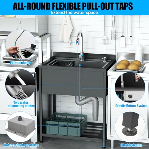 Stainless Steel Utility Sink, 30.8" × 22" × 39.5"Freestanding Sink with Cold and Hot Water Faucet,Hoses and Drain Kit for Kitchens, Bathrooms, Garage