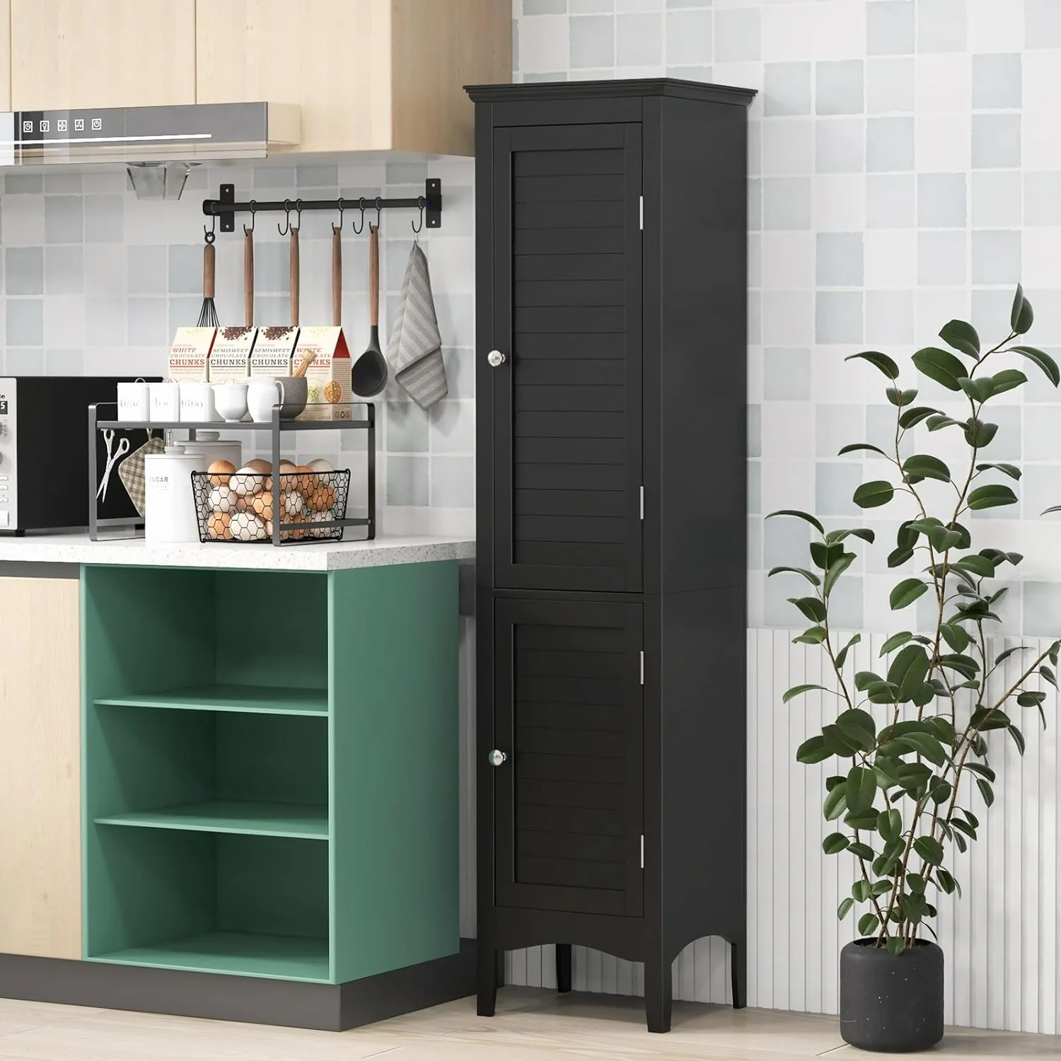 Bathroom Tall Storage Cabinet - Narrow Freestanding Floor Cabinet with Doors, 5 Tier Shelves(1 Height Adjustable)
