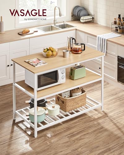 VASAGLE Kitchen Island with 3 Shelves, 47.2 Inches Width Kitchen Shelf with Large Worktop, Stable Steel Structure, Industrial, Easy to Assemble