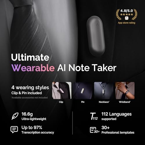 AI Voice Recorder, PLAUD NotePin Voice Recorder, App Control, AI Notetaker, AI Transcribe & Summarize, Support 112 Languages, 64GB Memory