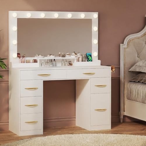 Makeup Vanity Desk with Lights, Vanity Desk with Large Mirror, White Vanity with Outlets Large Drawers & Storage, 3 Lighting Color Adjustable