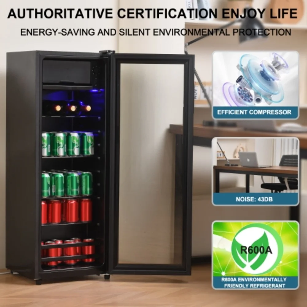 4.5Cu.ft mini fridge, 0.3Cu.ft freezer, up to 94 cans of soda, beer or wine. Silent, high-efficiency and energy-saving compressor, LED lighting