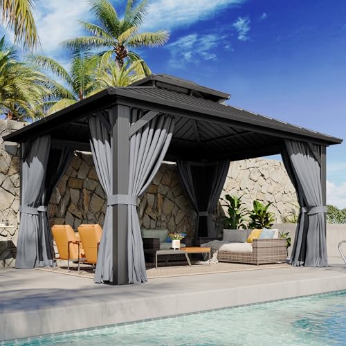 Aoxun 10' X 12' Hardtop Gazebo, Aluminum Metal Outdoor Gazebo with Galvanized Steel Double Roof