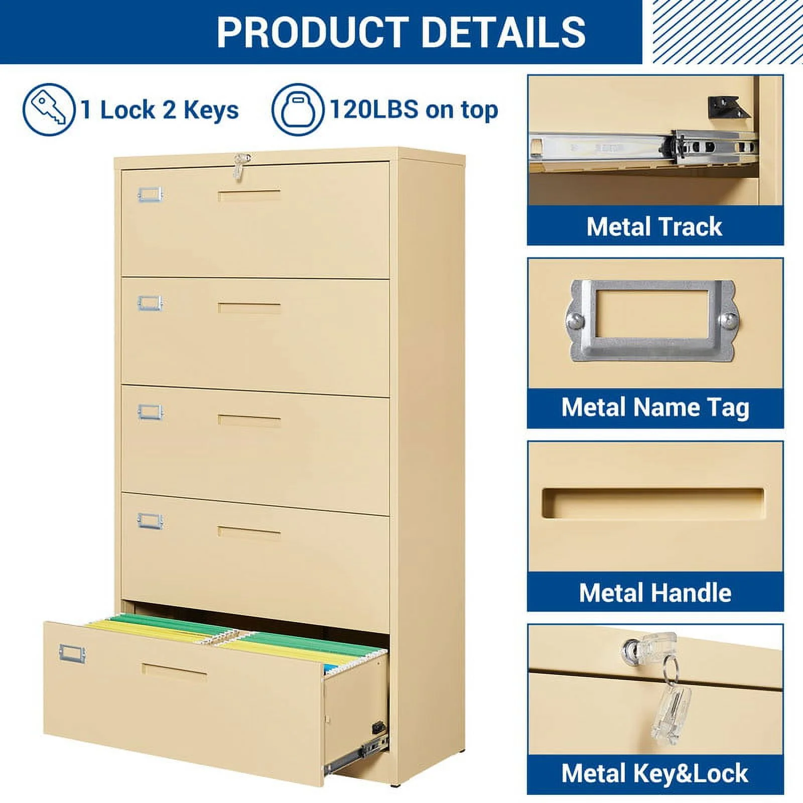 STANI 5 Drawers Lateral File Cabinet with Lock - Metal Steel Filling Cabinets for Home Office