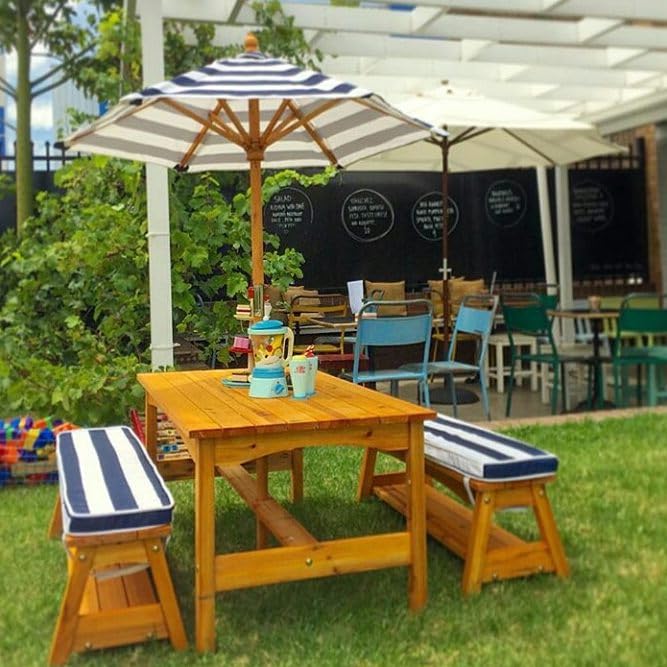 KidKraft Outdoor Wooden Table & Bench Set with Cushions and Umbrella, Kids Backyard Furniture, Navy and White Stripe Fabric