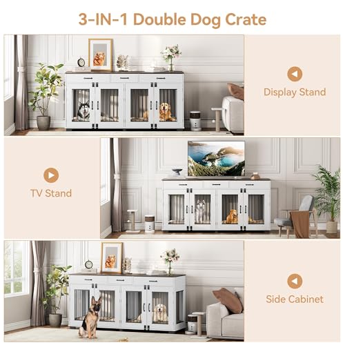 Dog Crate Furniture for 2 Dogs, 71'' XXL Indoor Dog Kennel with 3 Drawers and Removable Room Divider