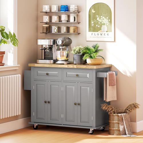 HOMCOM Kitchen Island on Wheels, Rolling Cart with Rubberwood Top, Spice Rack, Towel Rack and Drawers for Dining Room, Navy Blue
