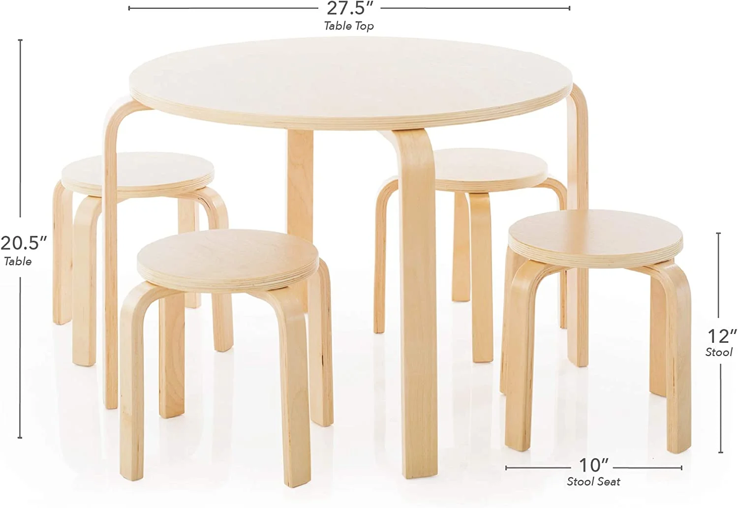 Nordic Table and Chairs Set for Kids: White - Stacking Bentwood Stools with Curved Wood Toddler Activity Table - Children's Modern Bedroom, Playroom