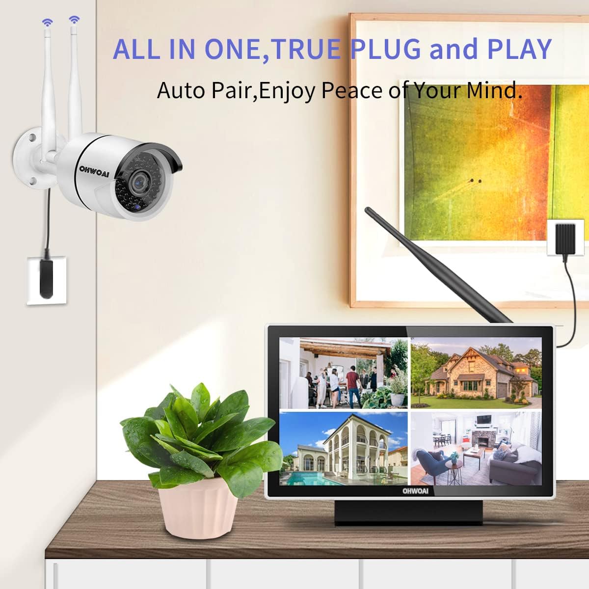 【2K 3.0MP & Dual Antenna Signal Enhancement】 All in One Monitor Wireless Security Camera System with 10 HD Screen,4Pcs CCTV WiFi IP Cameras