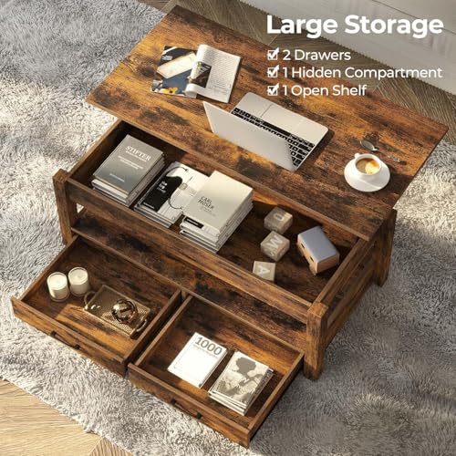 Rolanstar Coffee Table, Lift Top Coffee Table with Drawers and Hidden Compartment, Retro Central Table with Wooden Lift Tabletop, for Living Room