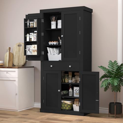 72” Pantry Cabinet, Kitchen Pantry Cabinet with 6 Doors Shelves & 1 Drawer, Kitchen Cabinets with 4 Door for Dinging Room, Living Room, White