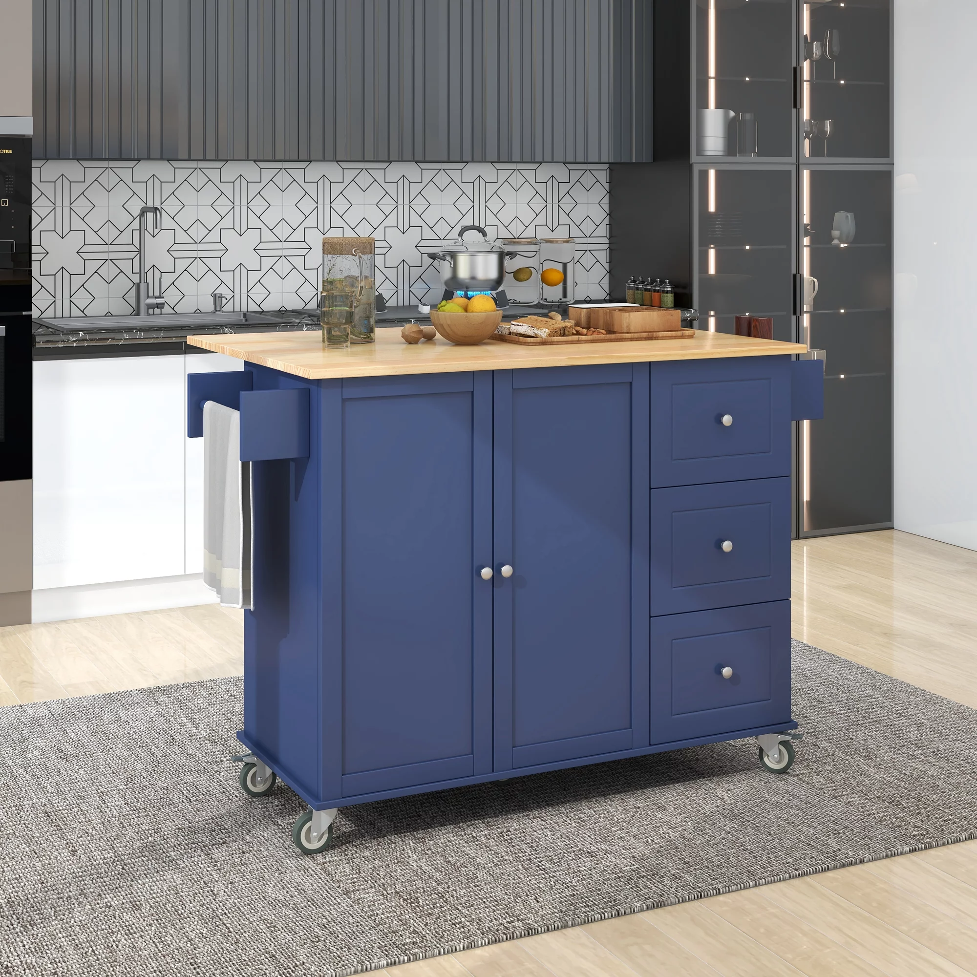 COOKCOK Mobile Kitchen Island Cart,Kitchen Cart with Wood Top and Drop Leaf Breakfast Bar