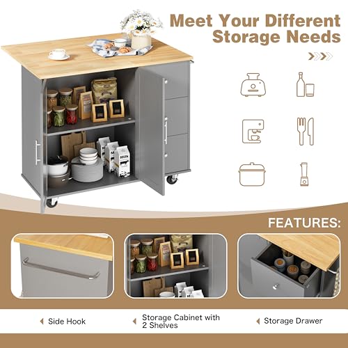 Shintenchi Rolling Kitchen Island Cart with Folding Drop Leaf Breakfast Bar, Portable Trolley Island with Large Storage Cabinet, Shelf and Drawer