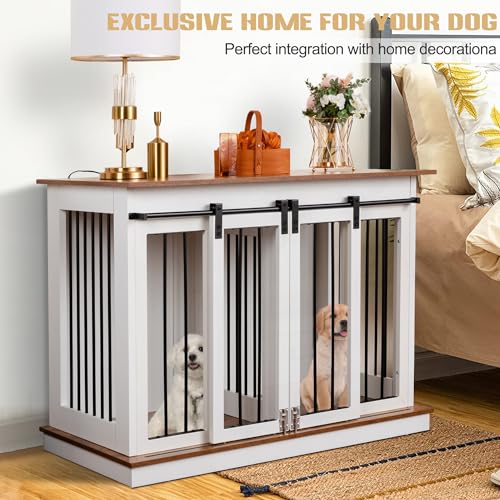 Sunseen Dog Crate Furniture Large Breed Wooden Dog Kennel with Room Divider & 3 Drawer