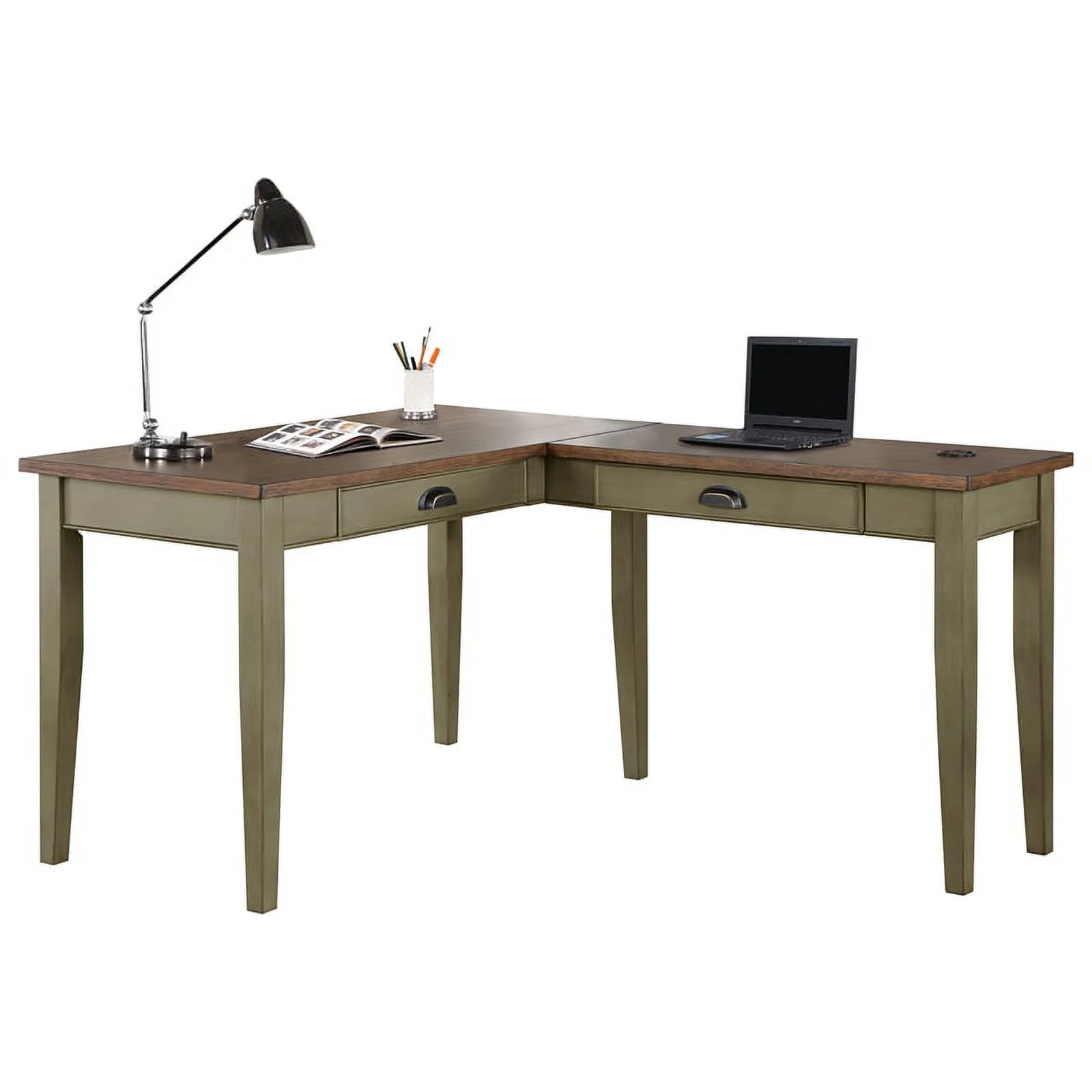 Bowery Hill Open L-shaped Wood Writing Desk & Return in Sage Green/Natural