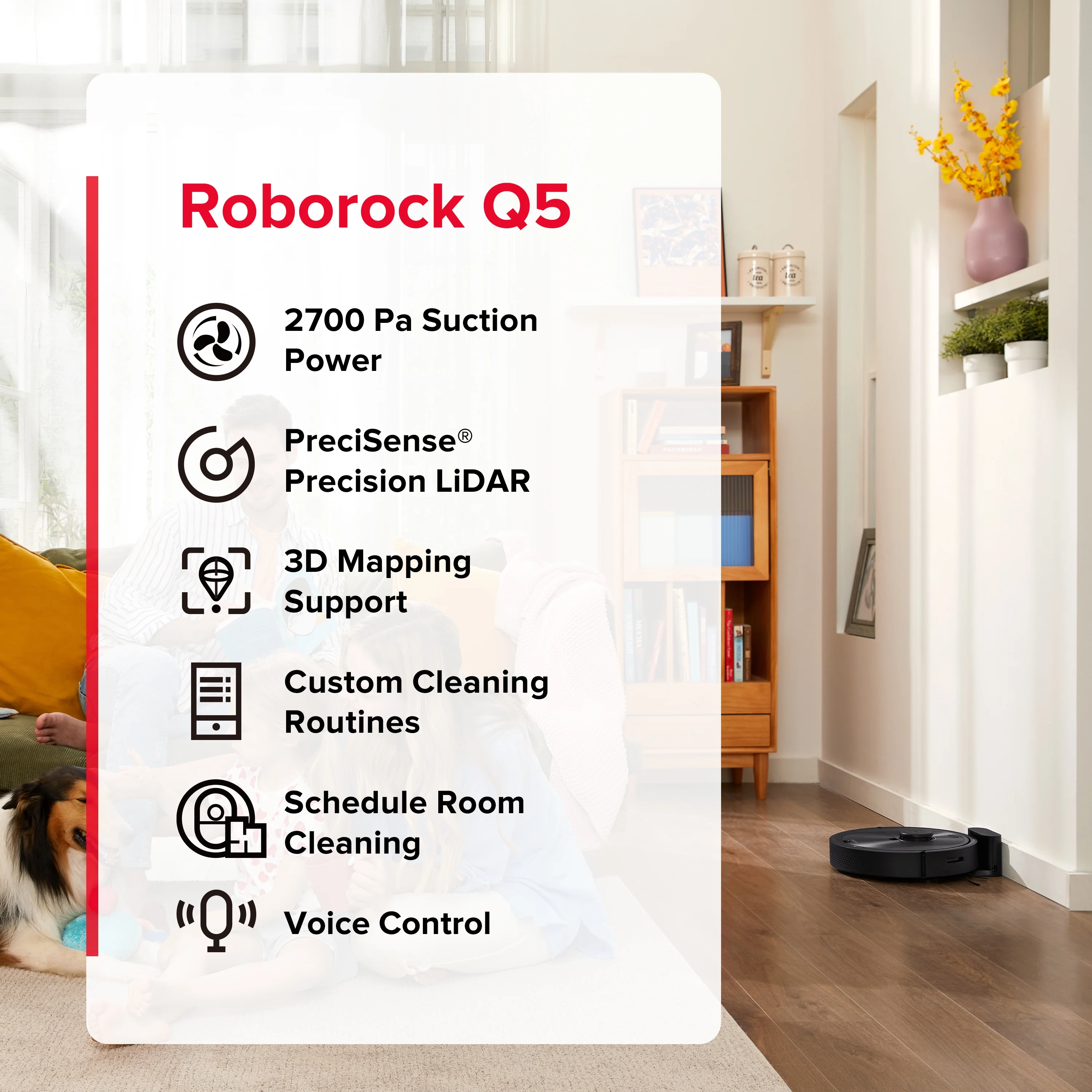 Roborock® Q5 Robot Vacuum Cleaner, 2700 Pa Suction Power, with App Control, Multisurface, Ideal for Carpets and Pet Hair