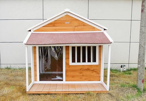 Indoor-Outdoor Wooden Dog House, Porch, Asphalt Roof, Plastic Door Curtain, Ventilation Windows, Brown, Weatherproof, Small to Medium Dog